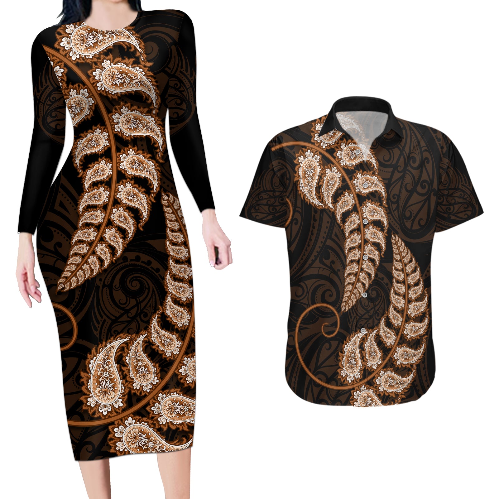 brown-new-zealand-paisley-silver-fern-couples-matching-long-sleeve-bodycon-dress-and-hawaiian-shirt-aotearoa-maori