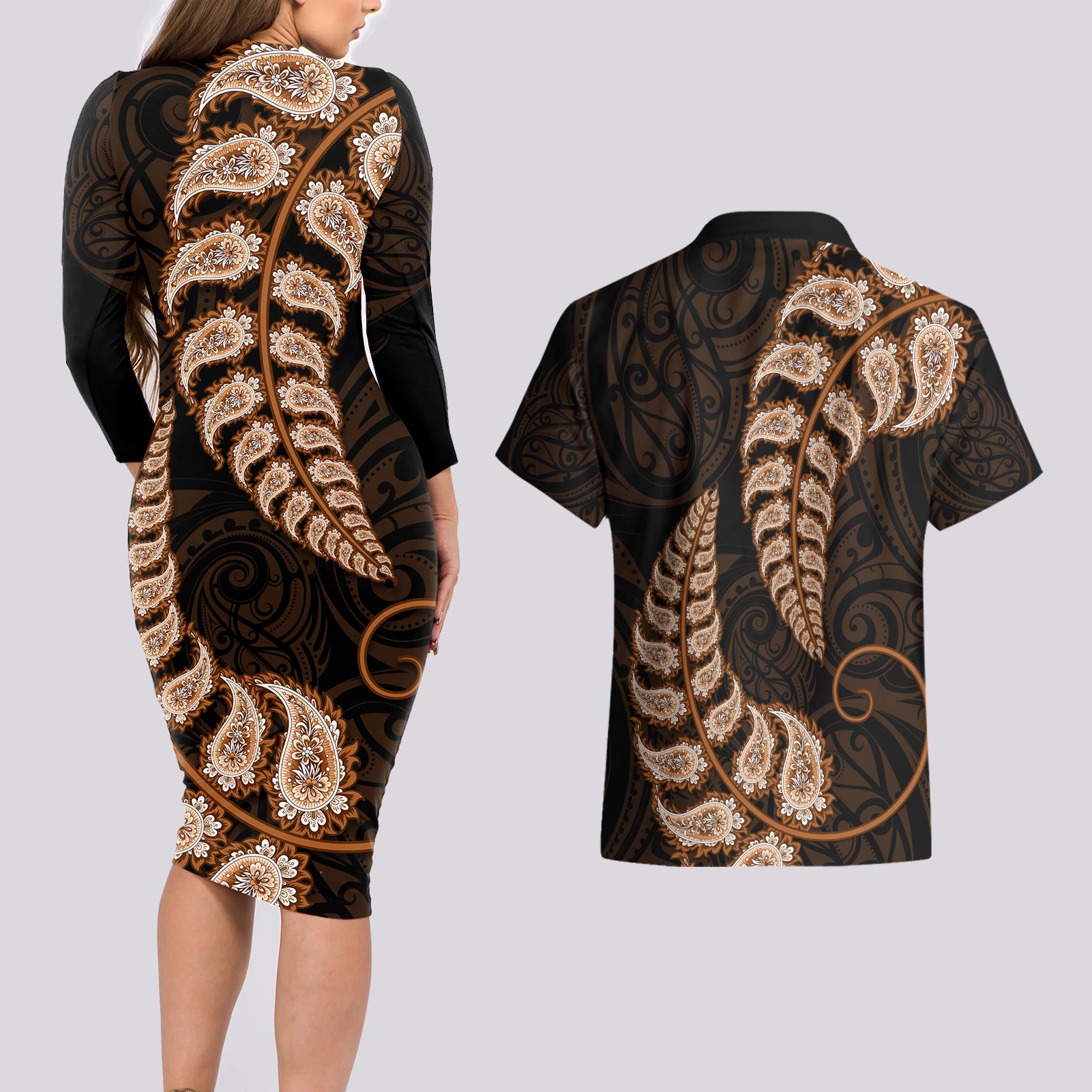 brown-new-zealand-paisley-silver-fern-couples-matching-long-sleeve-bodycon-dress-and-hawaiian-shirt-aotearoa-maori