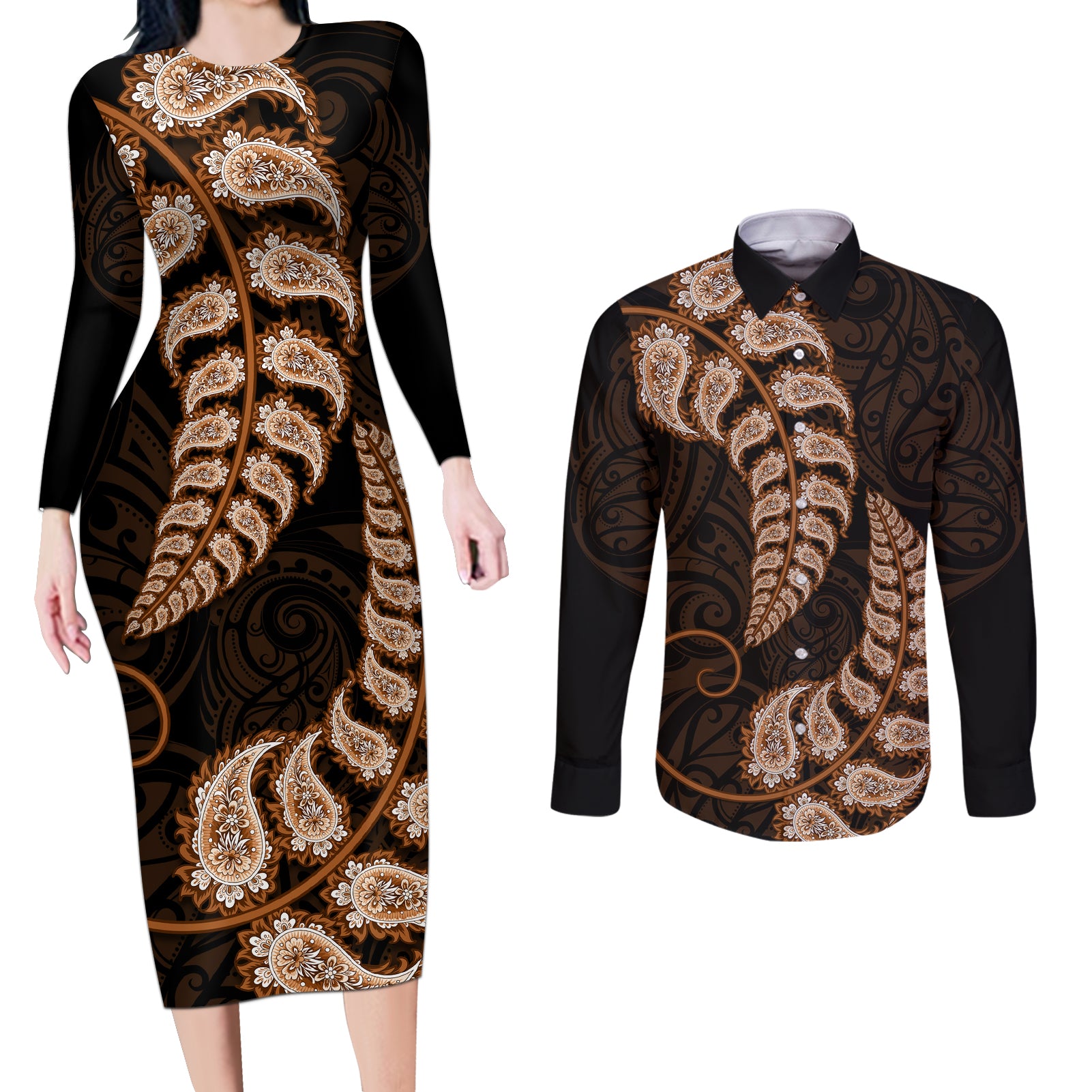 brown-new-zealand-paisley-silver-fern-couples-matching-long-sleeve-bodycon-dress-and-long-sleeve-button-shirt-aotearoa-maori