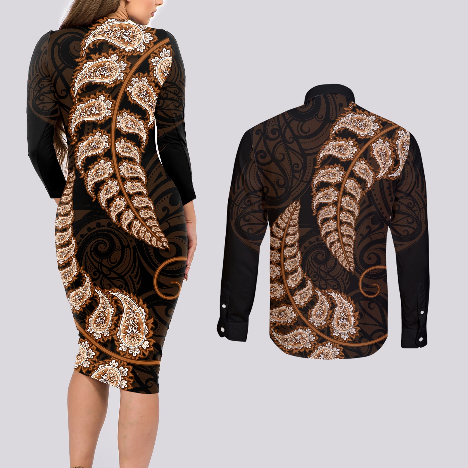 brown-new-zealand-paisley-silver-fern-couples-matching-long-sleeve-bodycon-dress-and-long-sleeve-button-shirt-aotearoa-maori