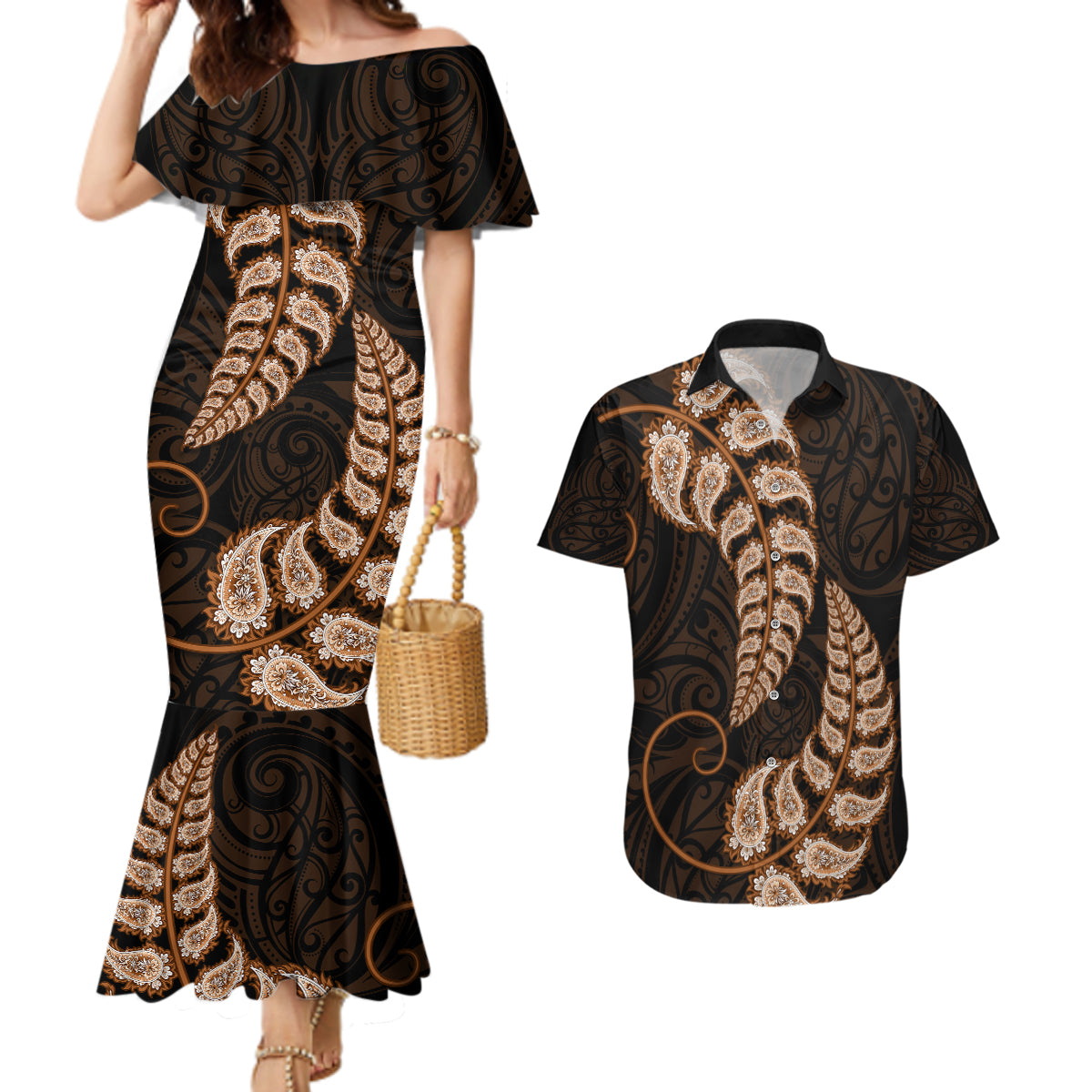 brown-new-zealand-paisley-silver-fern-couples-matching-mermaid-dress-and-hawaiian-shirt-aotearoa-maori