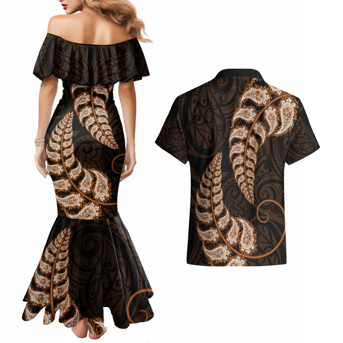 brown-new-zealand-paisley-silver-fern-couples-matching-mermaid-dress-and-hawaiian-shirt-aotearoa-maori