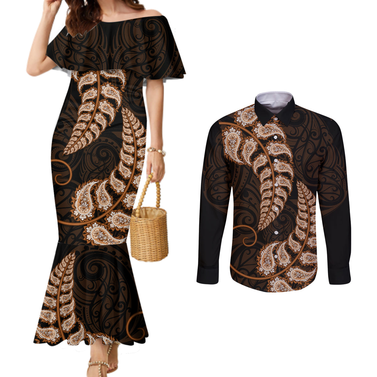 brown-new-zealand-paisley-silver-fern-couples-matching-mermaid-dress-and-long-sleeve-button-shirt-aotearoa-maori