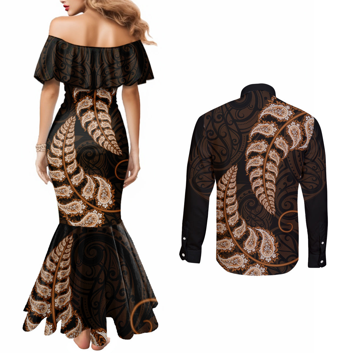 brown-new-zealand-paisley-silver-fern-couples-matching-mermaid-dress-and-long-sleeve-button-shirt-aotearoa-maori