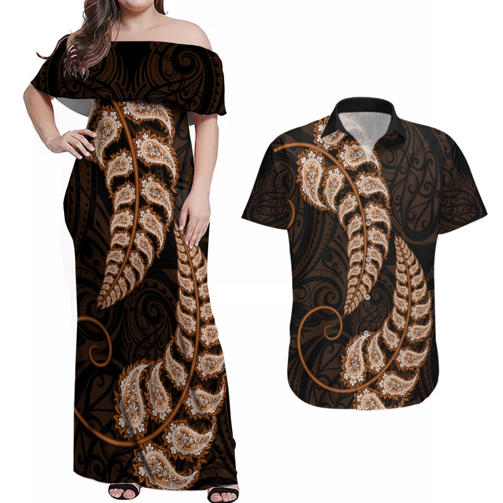 brown-new-zealand-paisley-silver-fern-couples-matching-off-shoulder-maxi-dress-and-hawaiian-shirt-aotearoa-maori