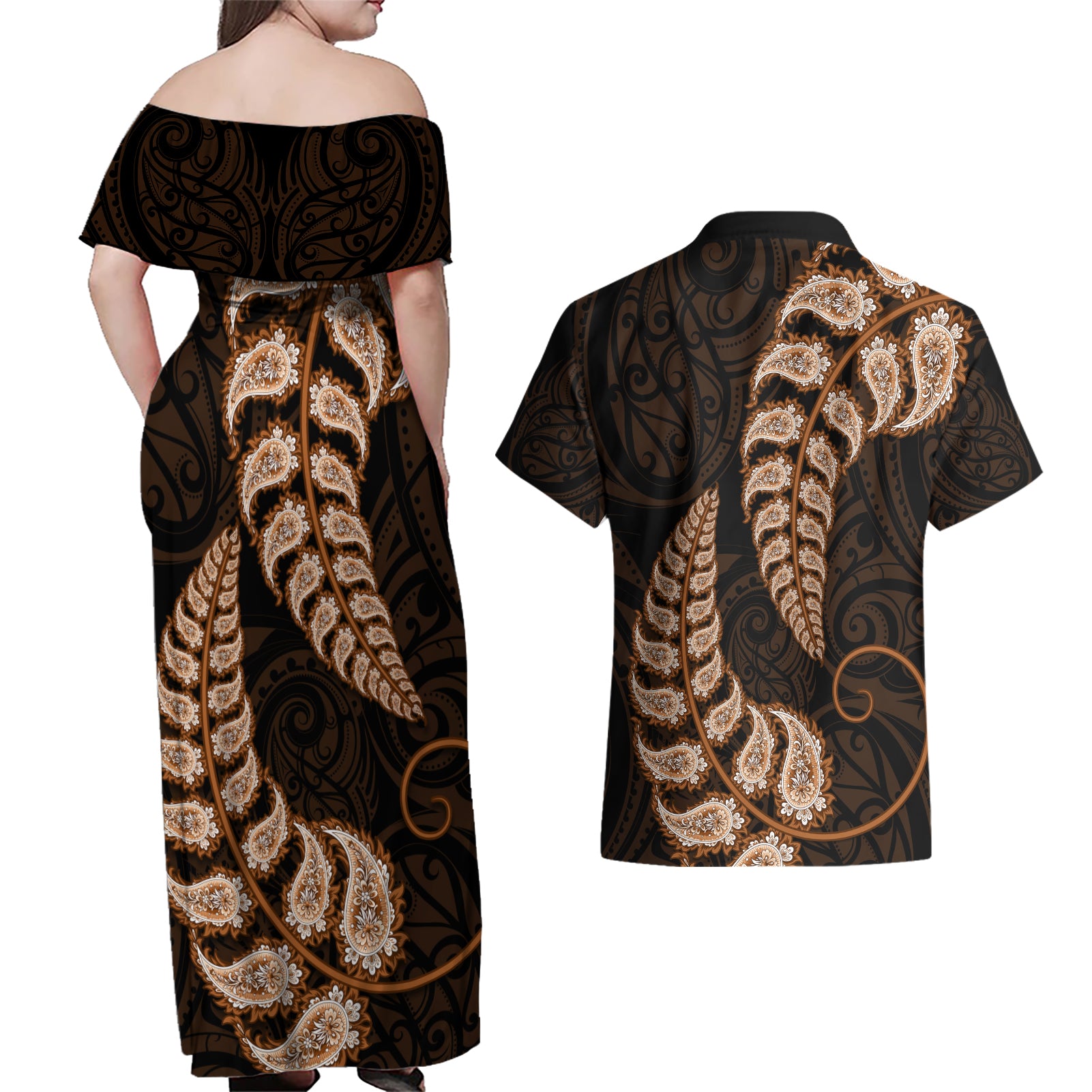 brown-new-zealand-paisley-silver-fern-couples-matching-off-shoulder-maxi-dress-and-hawaiian-shirt-aotearoa-maori