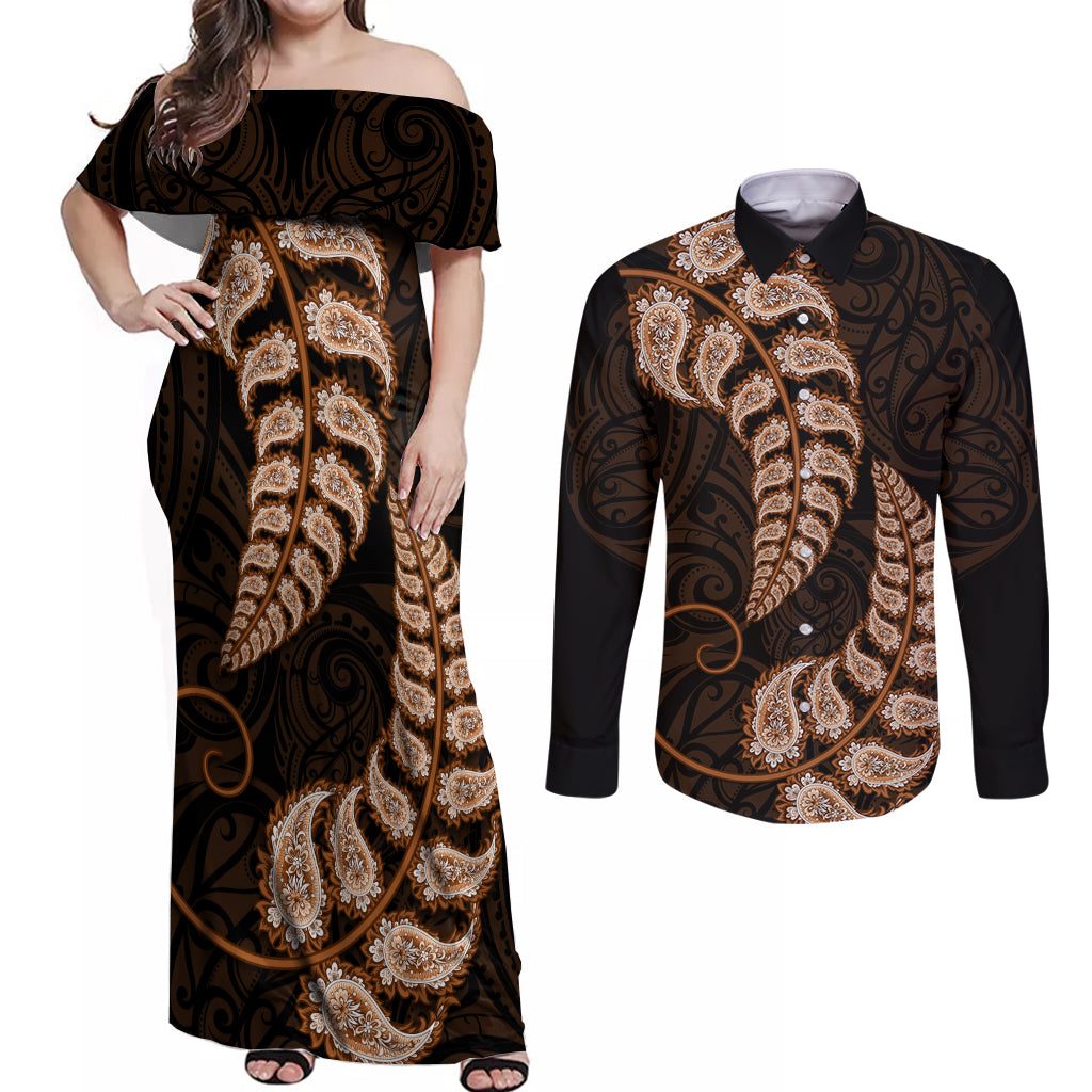 brown-new-zealand-paisley-silver-fern-couples-matching-off-shoulder-maxi-dress-and-long-sleeve-button-shirt-aotearoa-maori