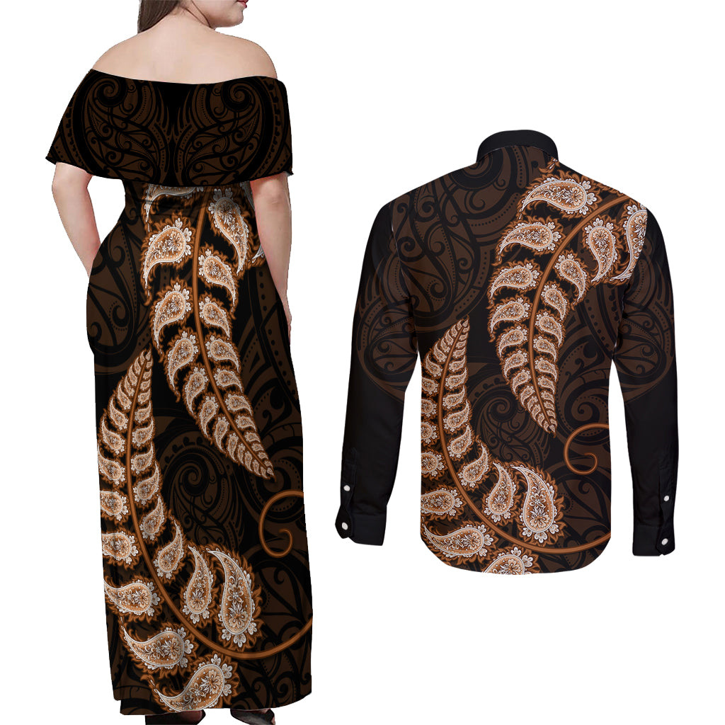 brown-new-zealand-paisley-silver-fern-couples-matching-off-shoulder-maxi-dress-and-long-sleeve-button-shirt-aotearoa-maori