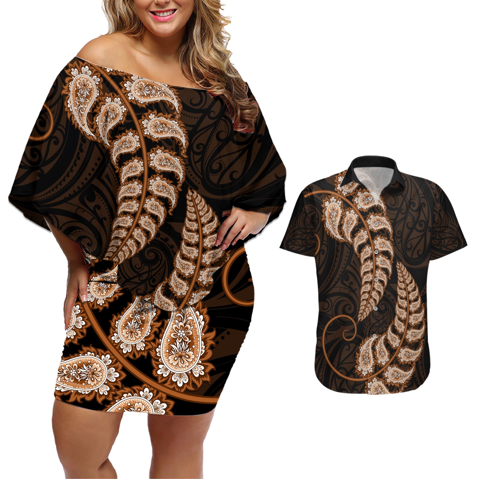 brown-new-zealand-paisley-silver-fern-couples-matching-off-shoulder-short-dress-and-hawaiian-shirt-aotearoa-maori