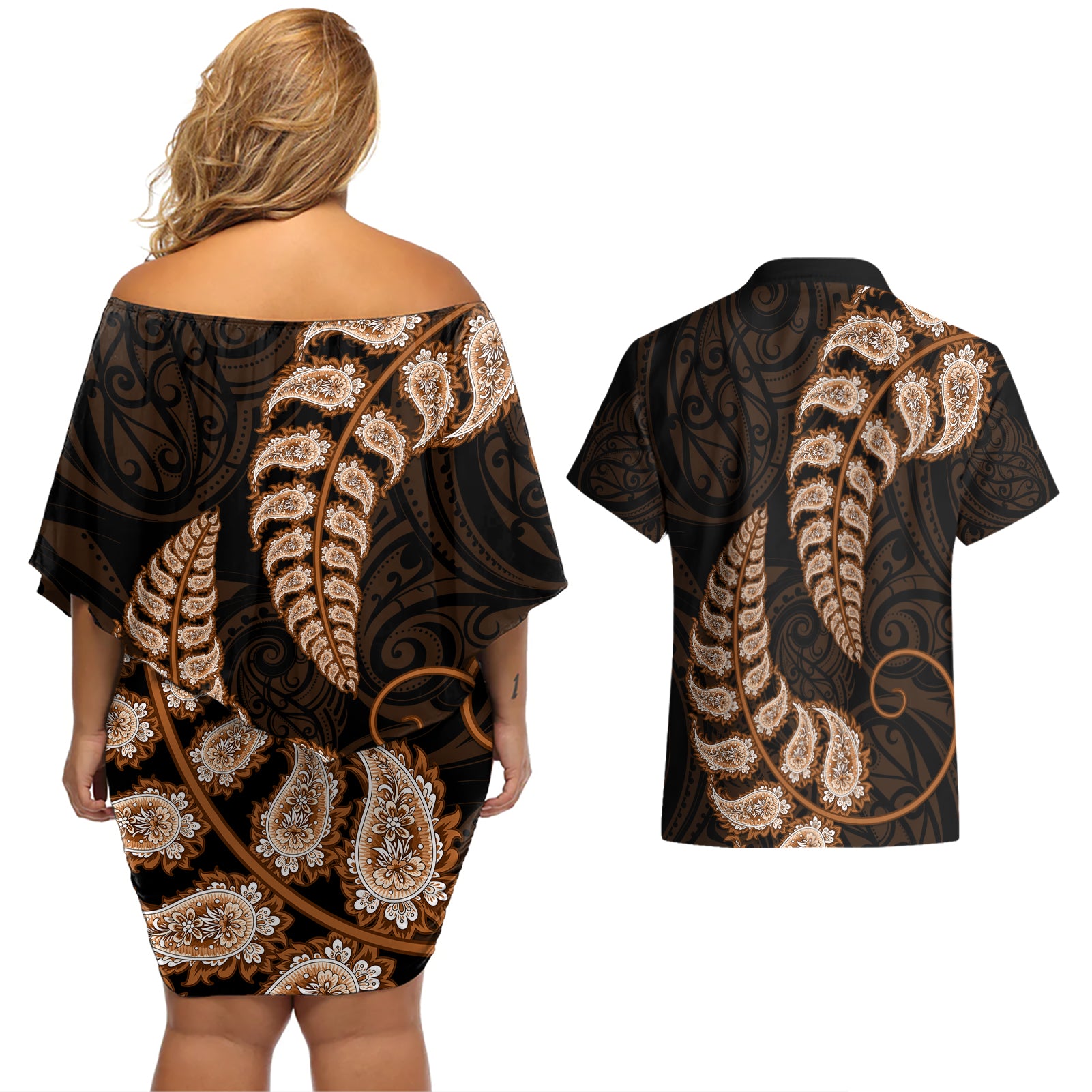 brown-new-zealand-paisley-silver-fern-couples-matching-off-shoulder-short-dress-and-hawaiian-shirt-aotearoa-maori