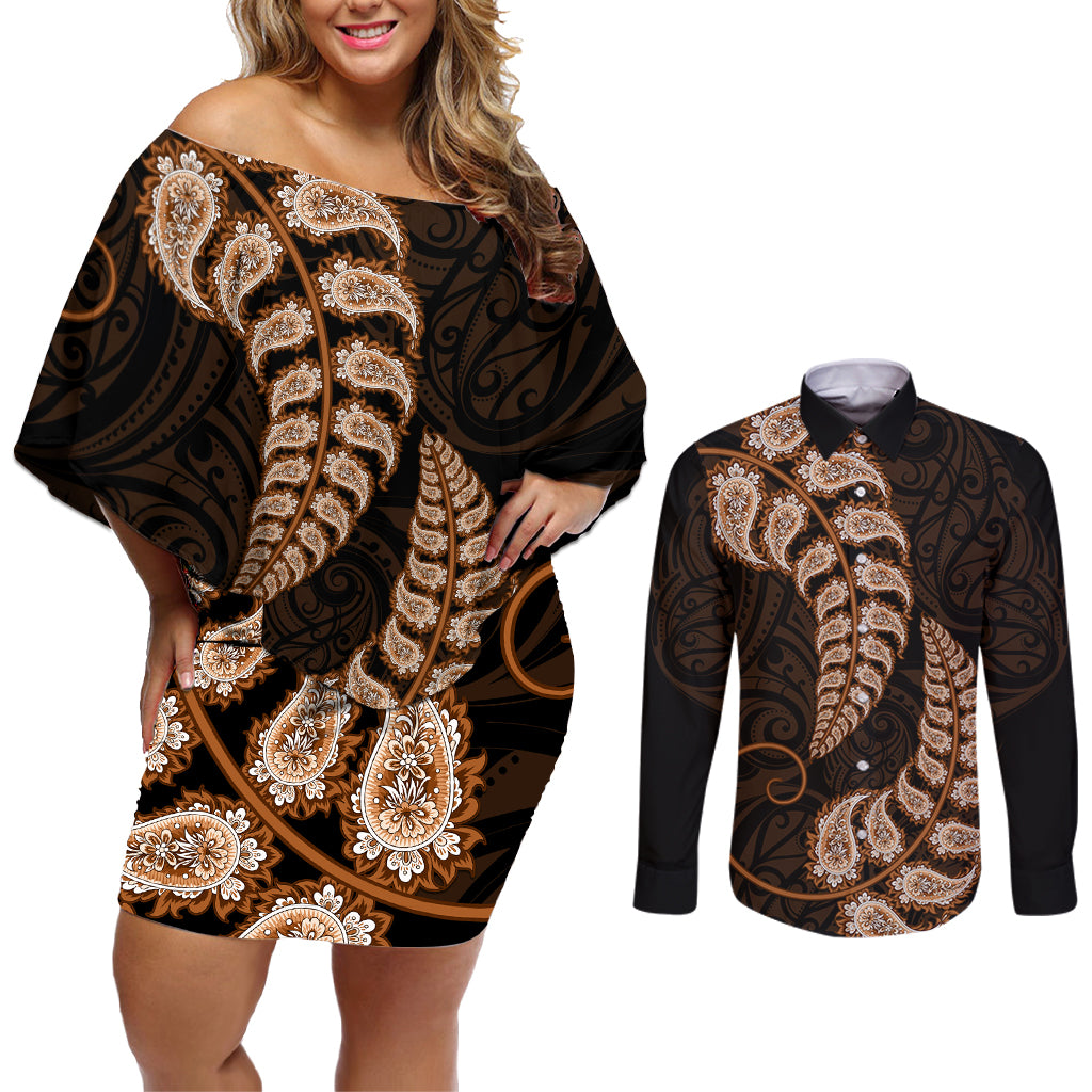 brown-new-zealand-paisley-silver-fern-couples-matching-off-shoulder-short-dress-and-long-sleeve-button-shirt-aotearoa-maori