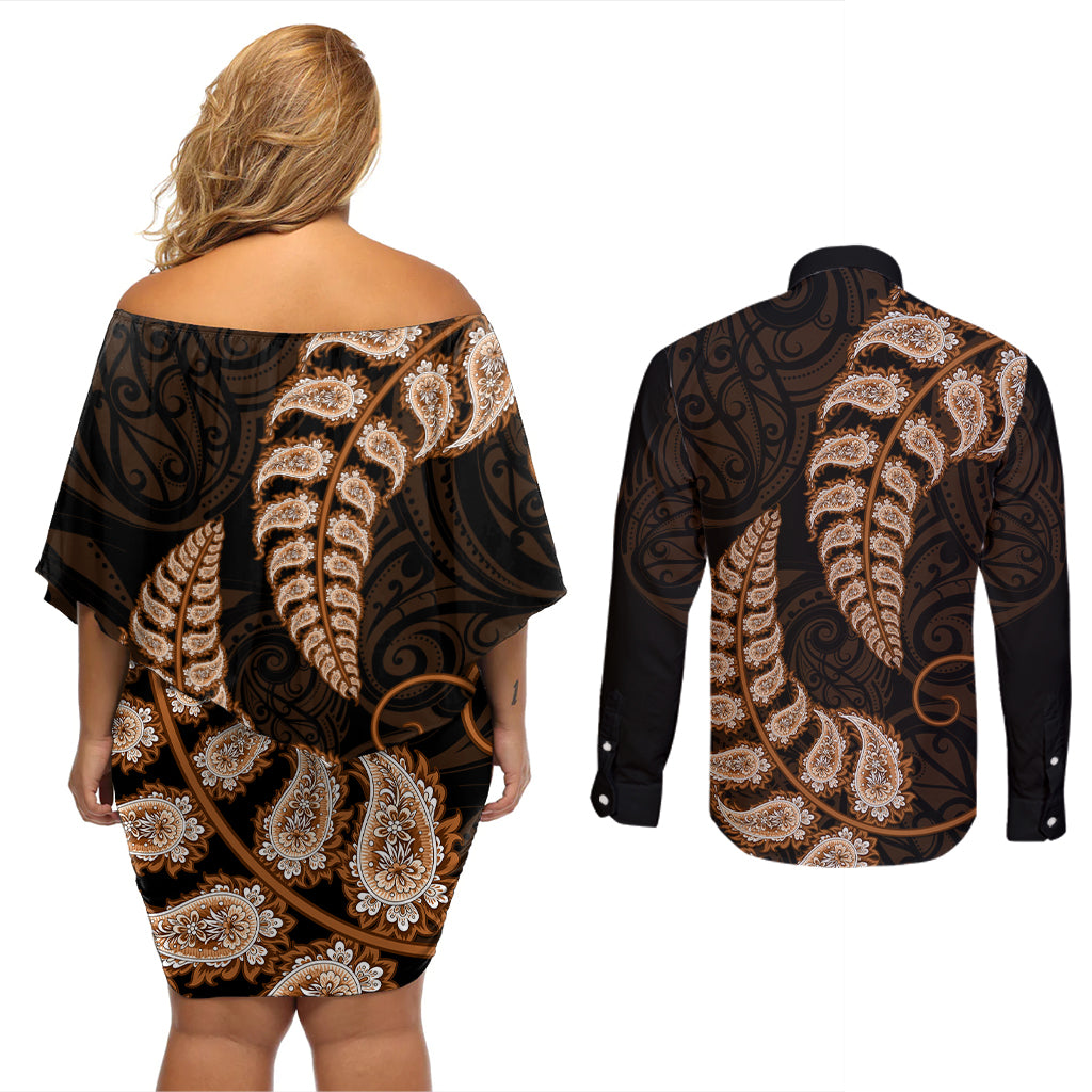 brown-new-zealand-paisley-silver-fern-couples-matching-off-shoulder-short-dress-and-long-sleeve-button-shirt-aotearoa-maori