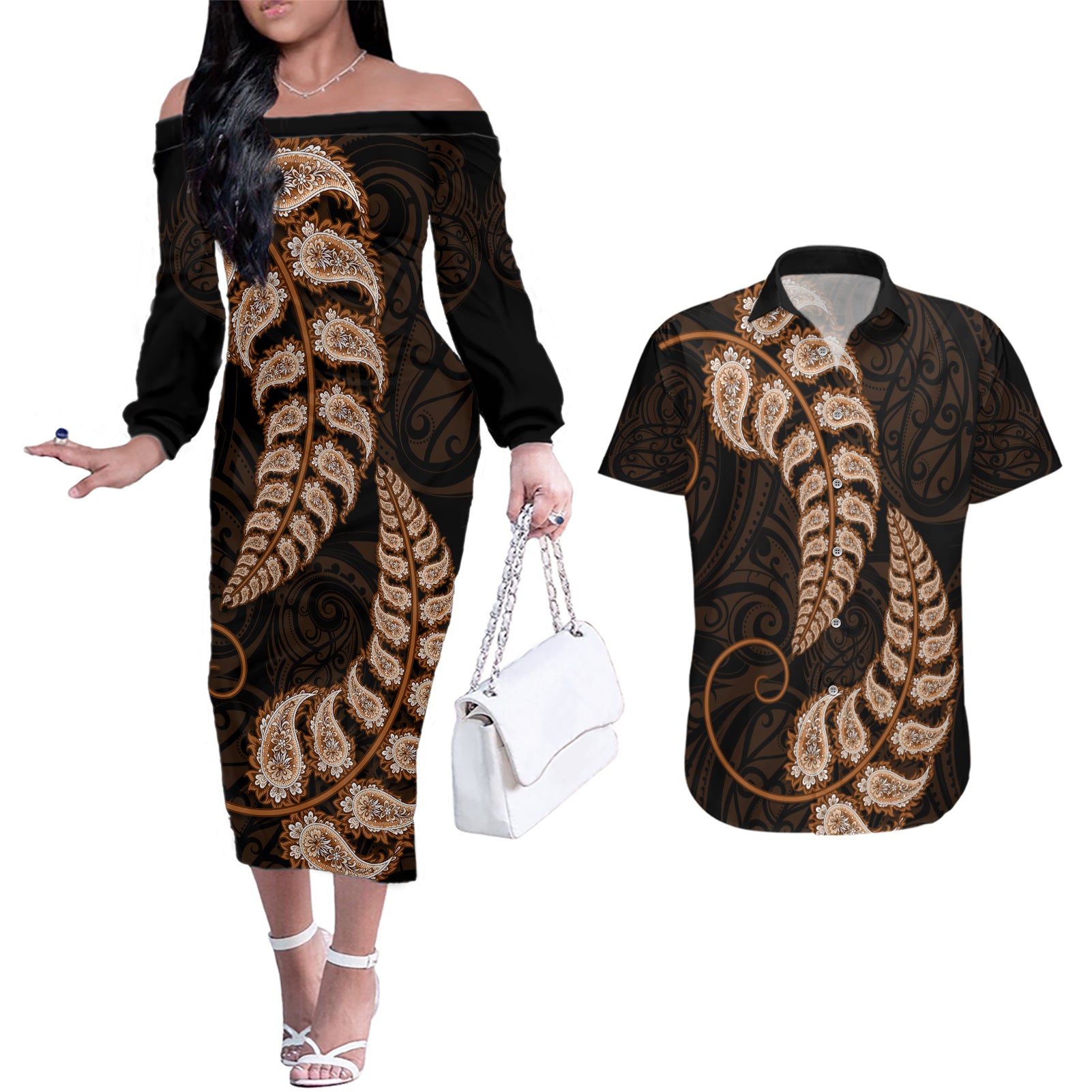 brown-new-zealand-paisley-silver-fern-couples-matching-off-the-shoulder-long-sleeve-dress-and-hawaiian-shirt-aotearoa-maori