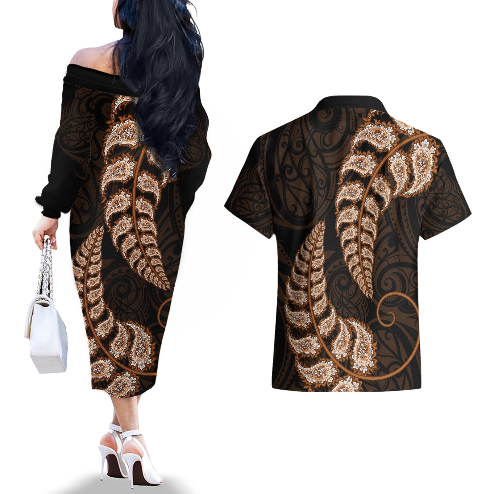 brown-new-zealand-paisley-silver-fern-couples-matching-off-the-shoulder-long-sleeve-dress-and-hawaiian-shirt-aotearoa-maori