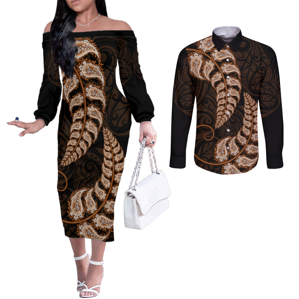 brown-new-zealand-paisley-silver-fern-couples-matching-off-the-shoulder-long-sleeve-dress-and-long-sleeve-button-shirt-aotearoa-maori