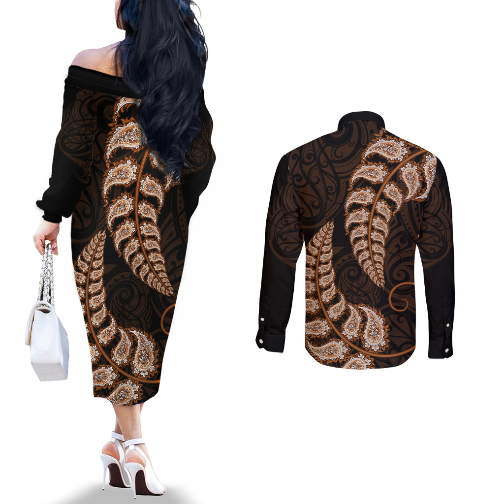 brown-new-zealand-paisley-silver-fern-couples-matching-off-the-shoulder-long-sleeve-dress-and-long-sleeve-button-shirt-aotearoa-maori