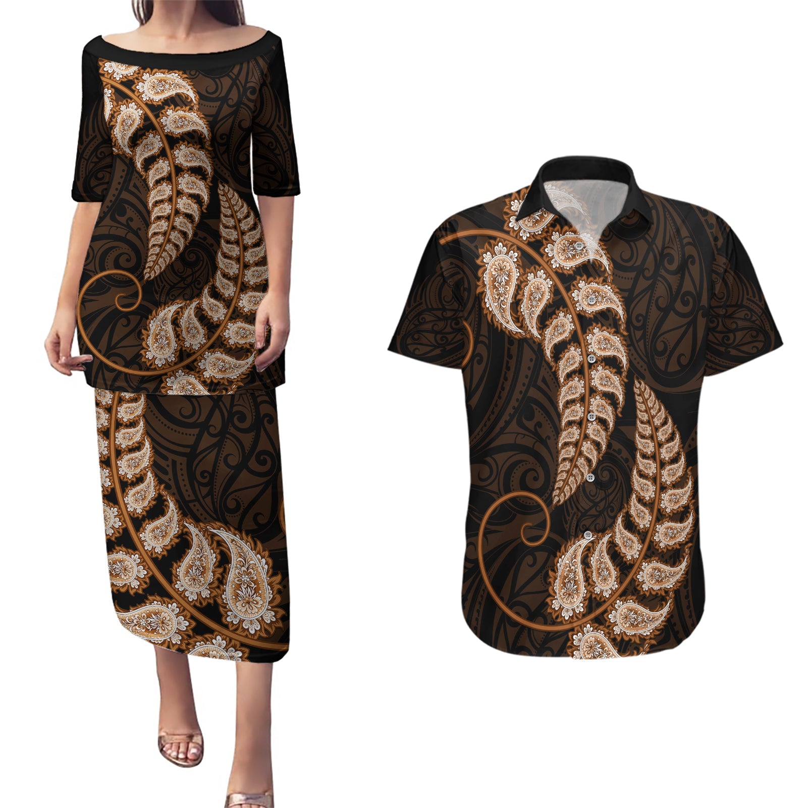 brown-new-zealand-paisley-silver-fern-couples-matching-puletasi-dress-and-hawaiian-shirt-aotearoa-maori