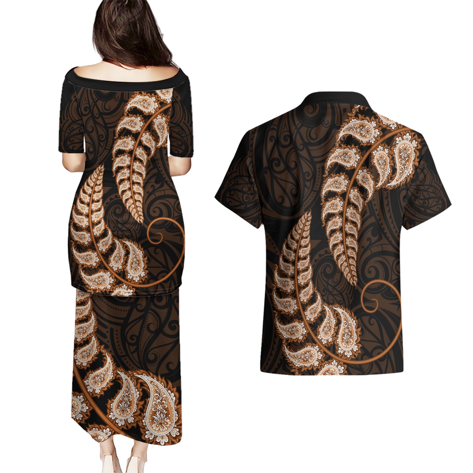 brown-new-zealand-paisley-silver-fern-couples-matching-puletasi-dress-and-hawaiian-shirt-aotearoa-maori