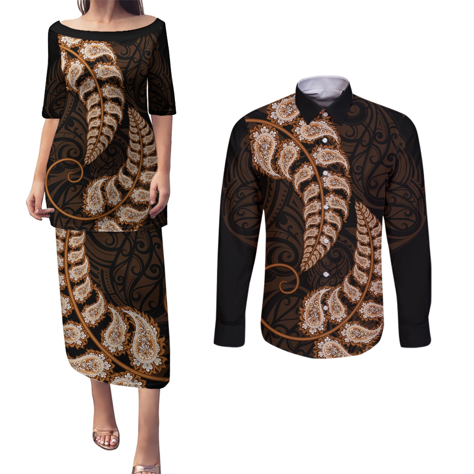 brown-new-zealand-paisley-silver-fern-couples-matching-puletasi-dress-and-long-sleeve-button-shirt-aotearoa-maori