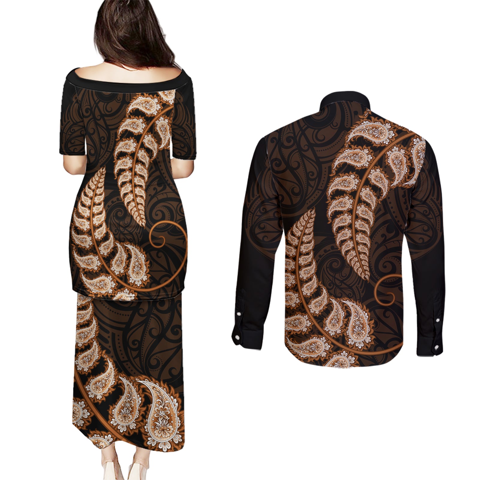 brown-new-zealand-paisley-silver-fern-couples-matching-puletasi-dress-and-long-sleeve-button-shirt-aotearoa-maori