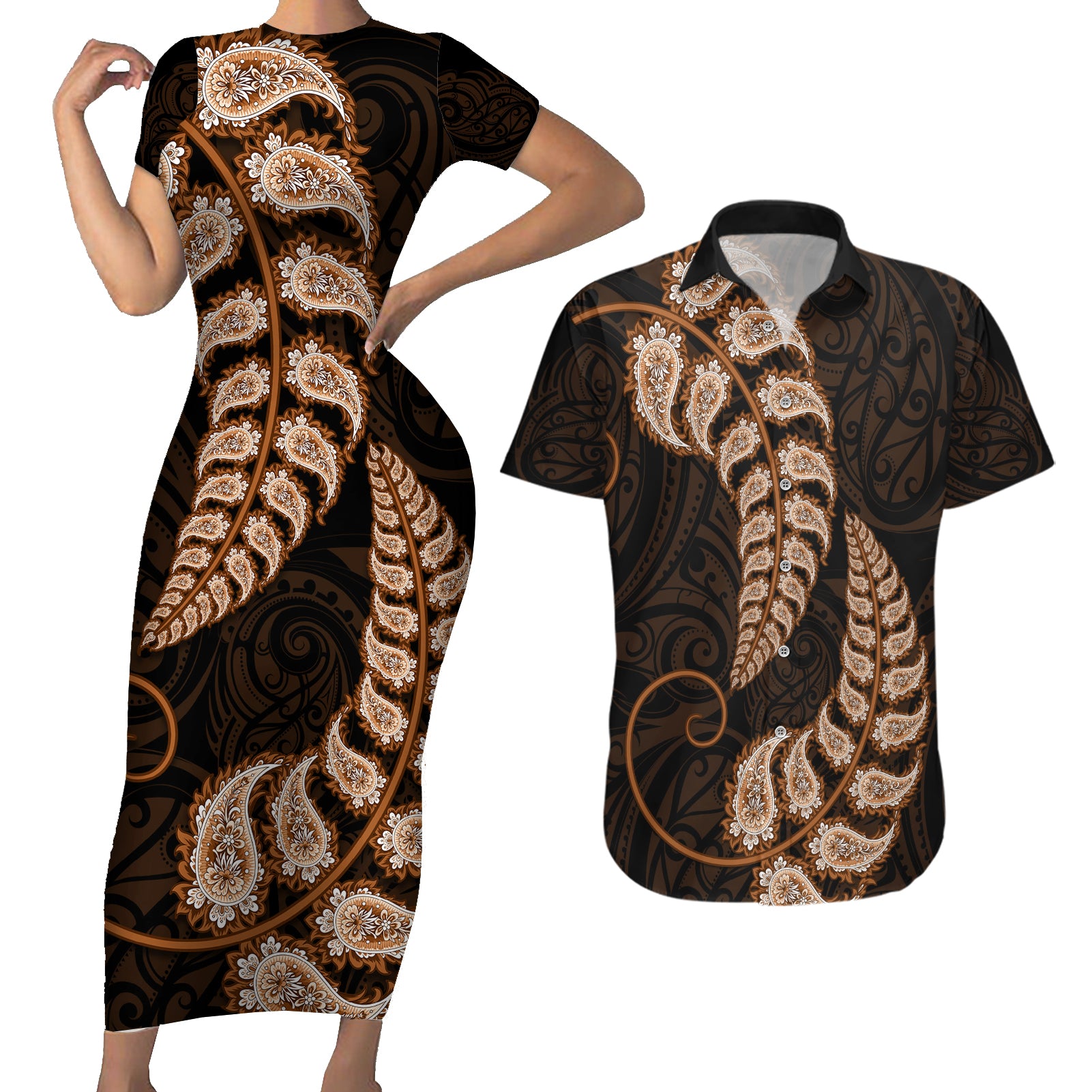 brown-new-zealand-paisley-silver-fern-couples-matching-short-sleeve-bodycon-dress-and-hawaiian-shirt-aotearoa-maori