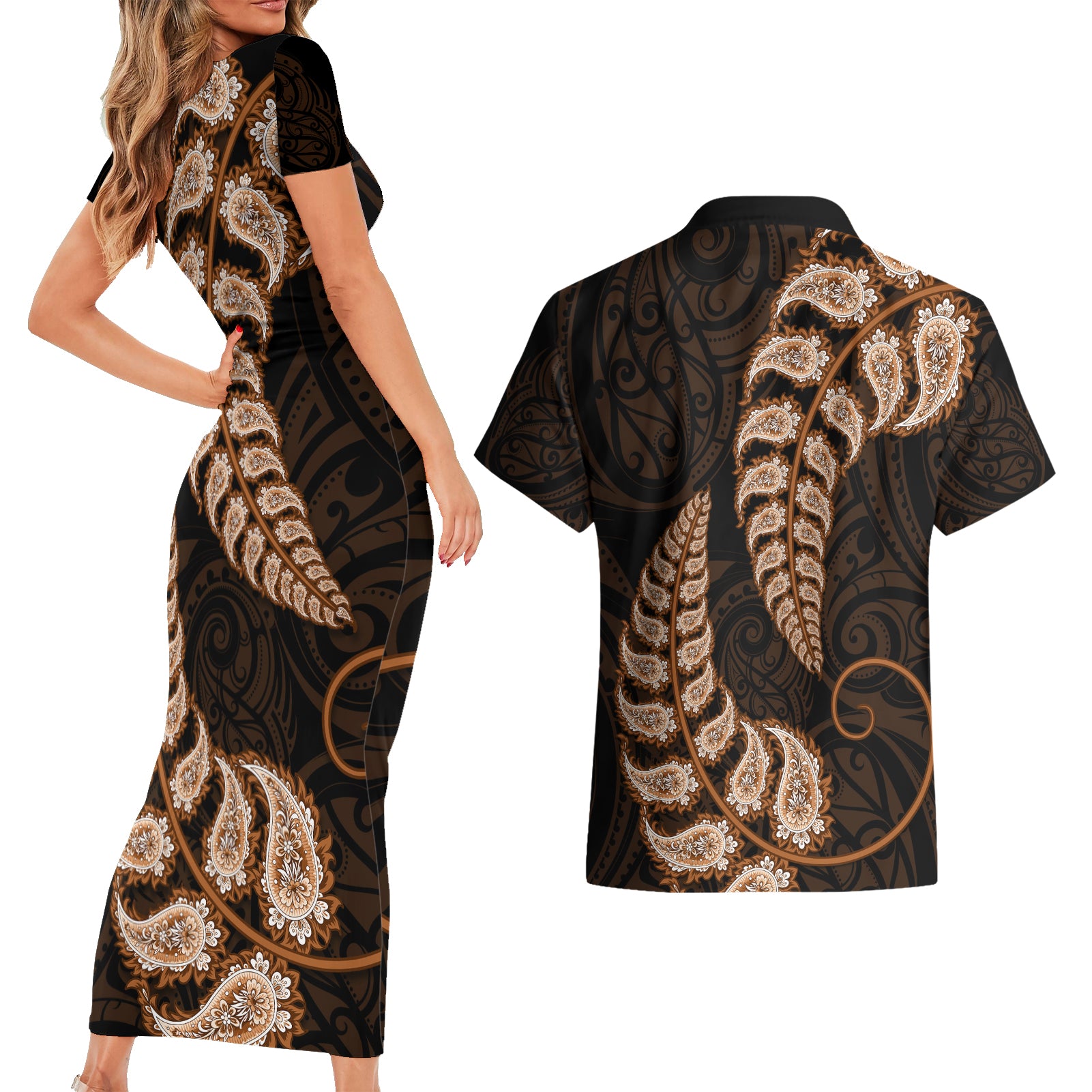 brown-new-zealand-paisley-silver-fern-couples-matching-short-sleeve-bodycon-dress-and-hawaiian-shirt-aotearoa-maori