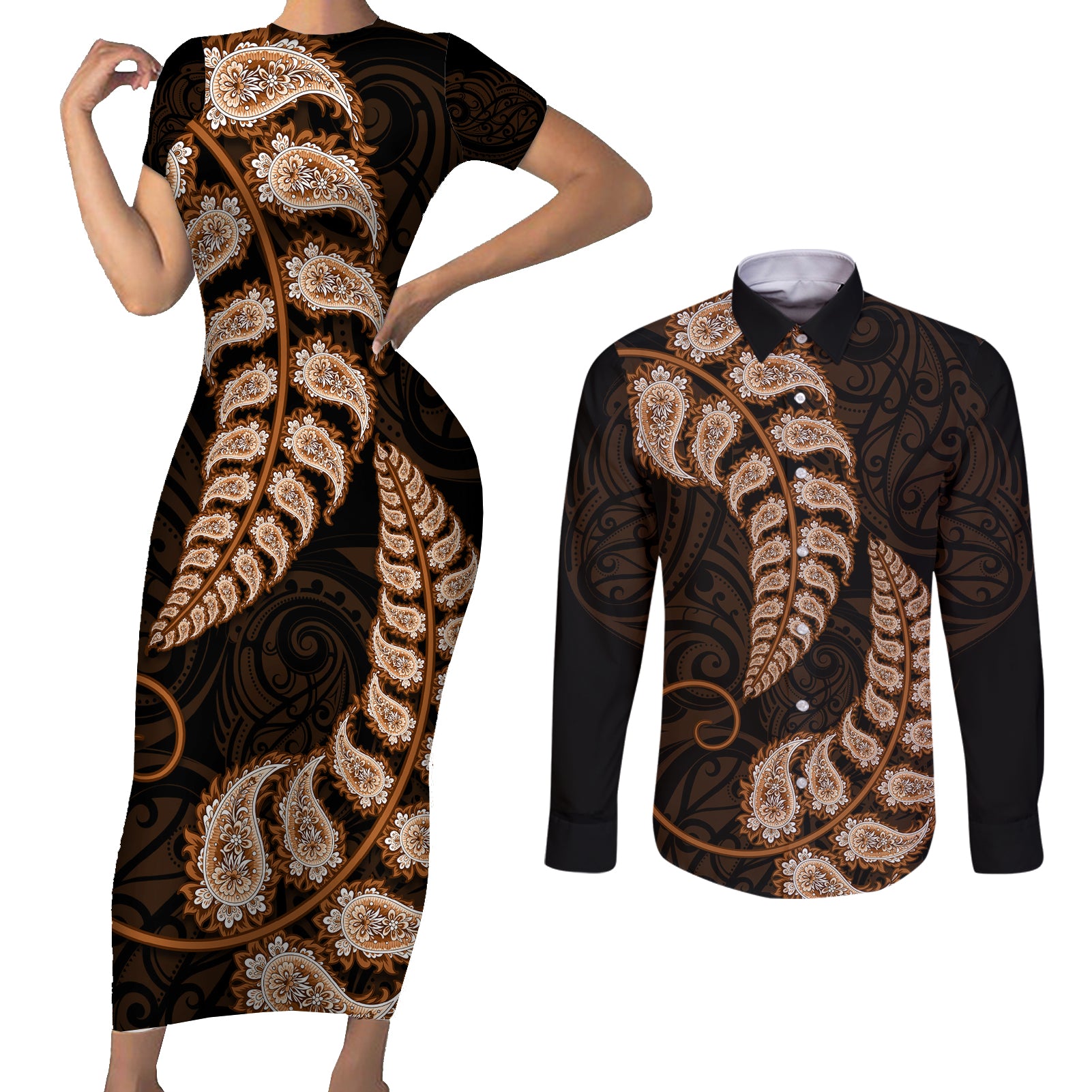 brown-new-zealand-paisley-silver-fern-couples-matching-short-sleeve-bodycon-dress-and-long-sleeve-button-shirt-aotearoa-maori