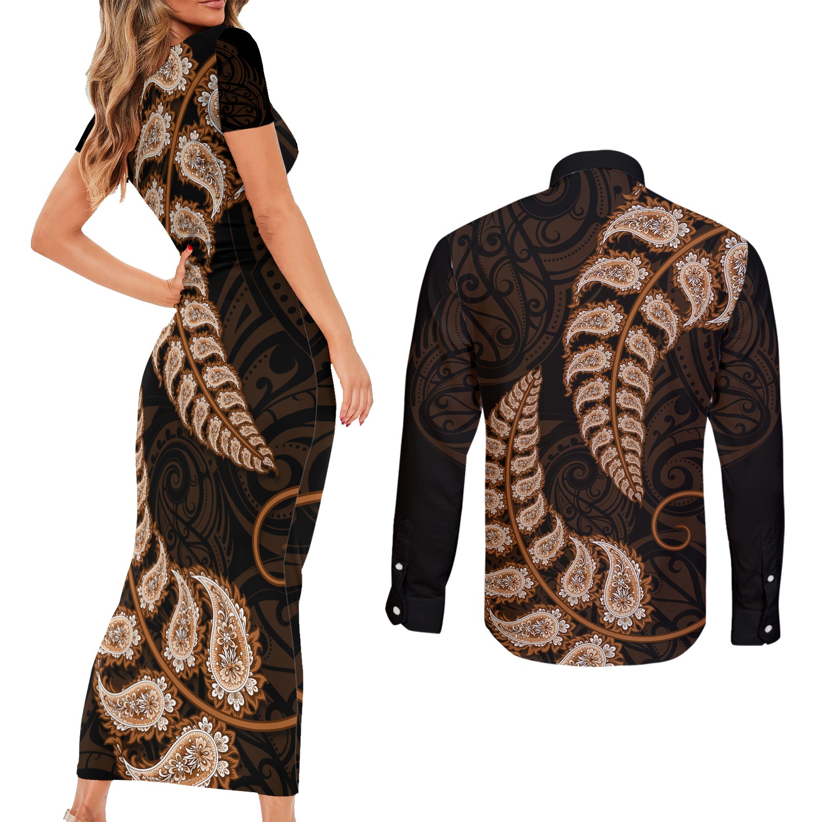 brown-new-zealand-paisley-silver-fern-couples-matching-short-sleeve-bodycon-dress-and-long-sleeve-button-shirt-aotearoa-maori