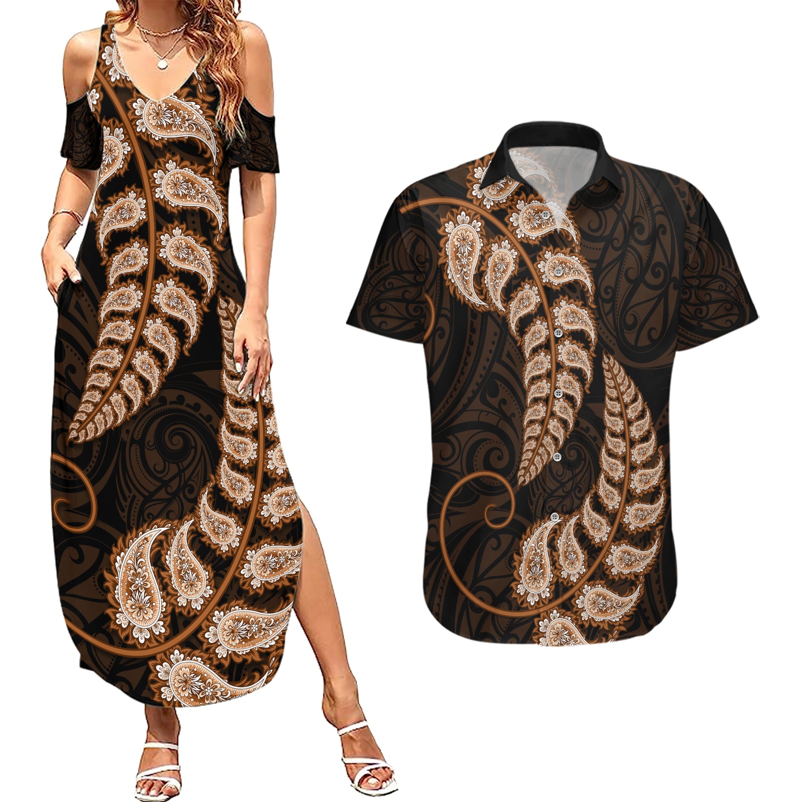 brown-new-zealand-paisley-silver-fern-couples-matching-summer-maxi-dress-and-hawaiian-shirt-aotearoa-maori