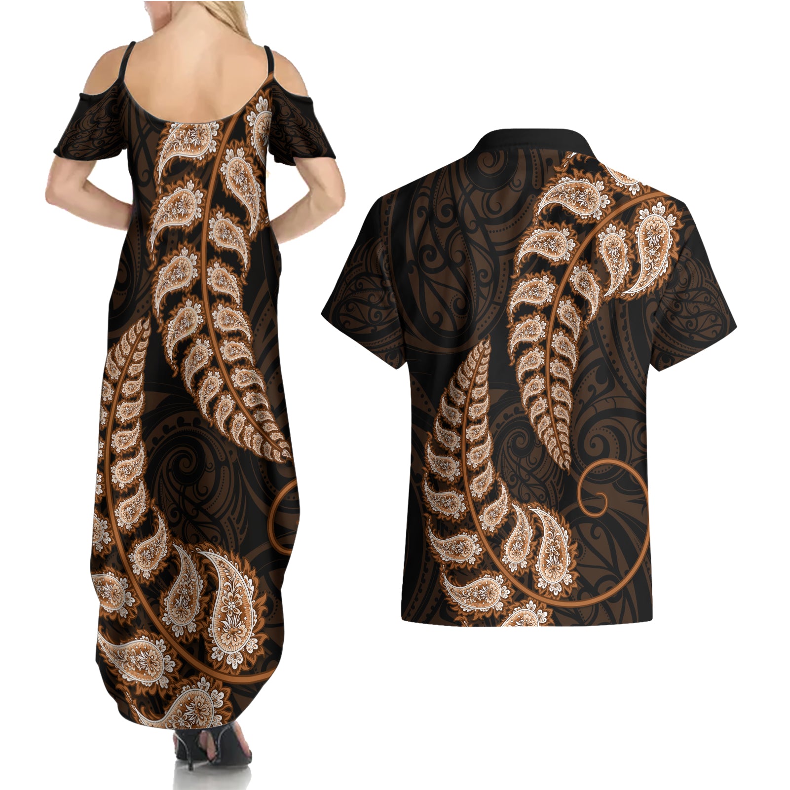 brown-new-zealand-paisley-silver-fern-couples-matching-summer-maxi-dress-and-hawaiian-shirt-aotearoa-maori