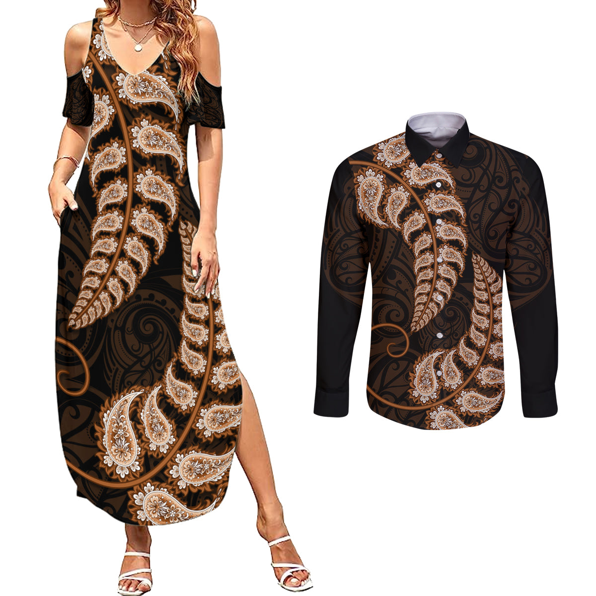 brown-new-zealand-paisley-silver-fern-couples-matching-summer-maxi-dress-and-long-sleeve-button-shirt-aotearoa-maori