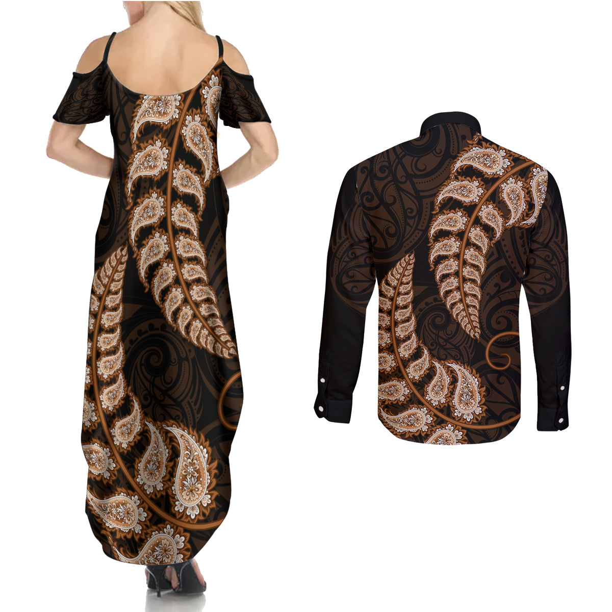 brown-new-zealand-paisley-silver-fern-couples-matching-summer-maxi-dress-and-long-sleeve-button-shirt-aotearoa-maori