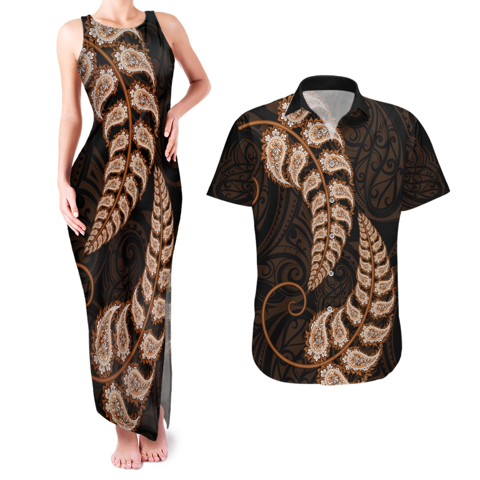 brown-new-zealand-paisley-silver-fern-couples-matching-tank-maxi-dress-and-hawaiian-shirt-aotearoa-maori