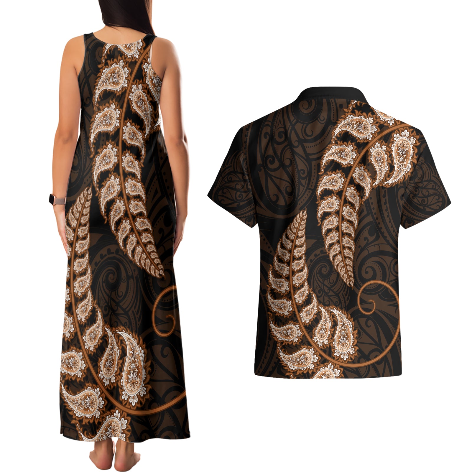 brown-new-zealand-paisley-silver-fern-couples-matching-tank-maxi-dress-and-hawaiian-shirt-aotearoa-maori