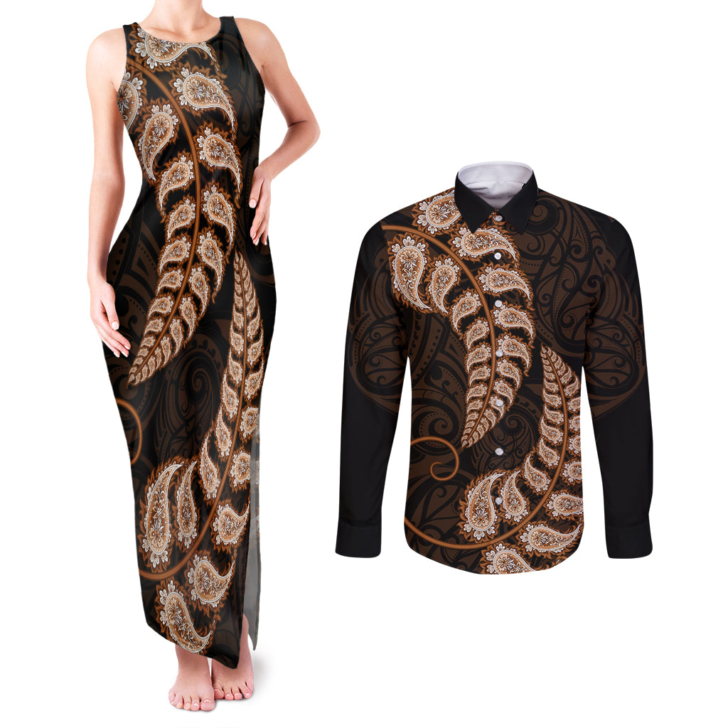 brown-new-zealand-paisley-silver-fern-couples-matching-tank-maxi-dress-and-long-sleeve-button-shirt-aotearoa-maori