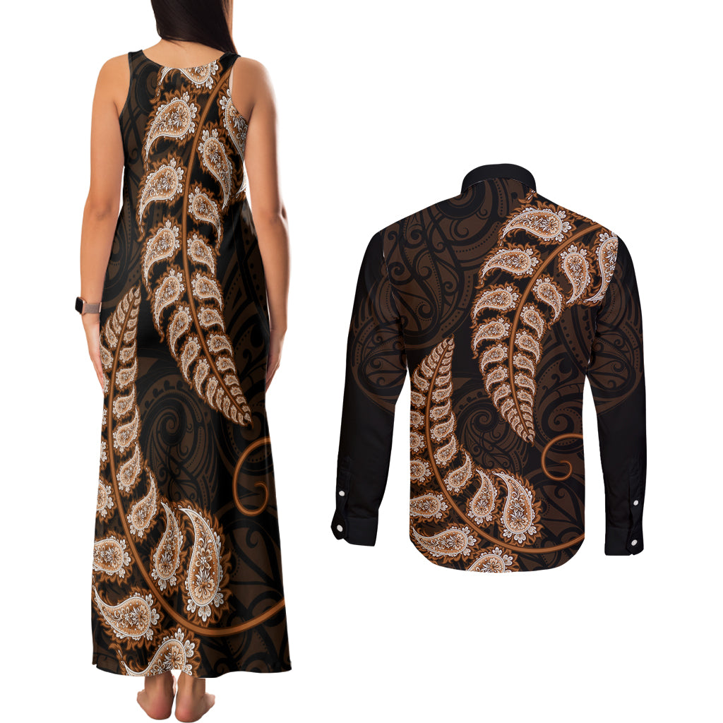 brown-new-zealand-paisley-silver-fern-couples-matching-tank-maxi-dress-and-long-sleeve-button-shirt-aotearoa-maori