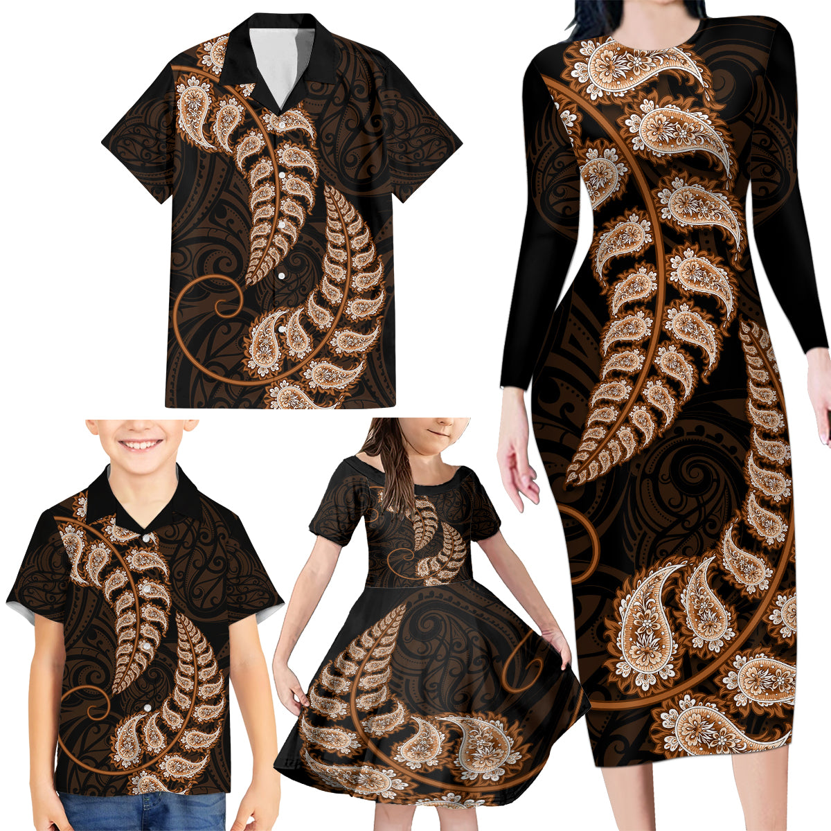 brown-new-zealand-paisley-silver-fern-family-matching-long-sleeve-bodycon-dress-and-hawaiian-shirt-aotearoa-maori