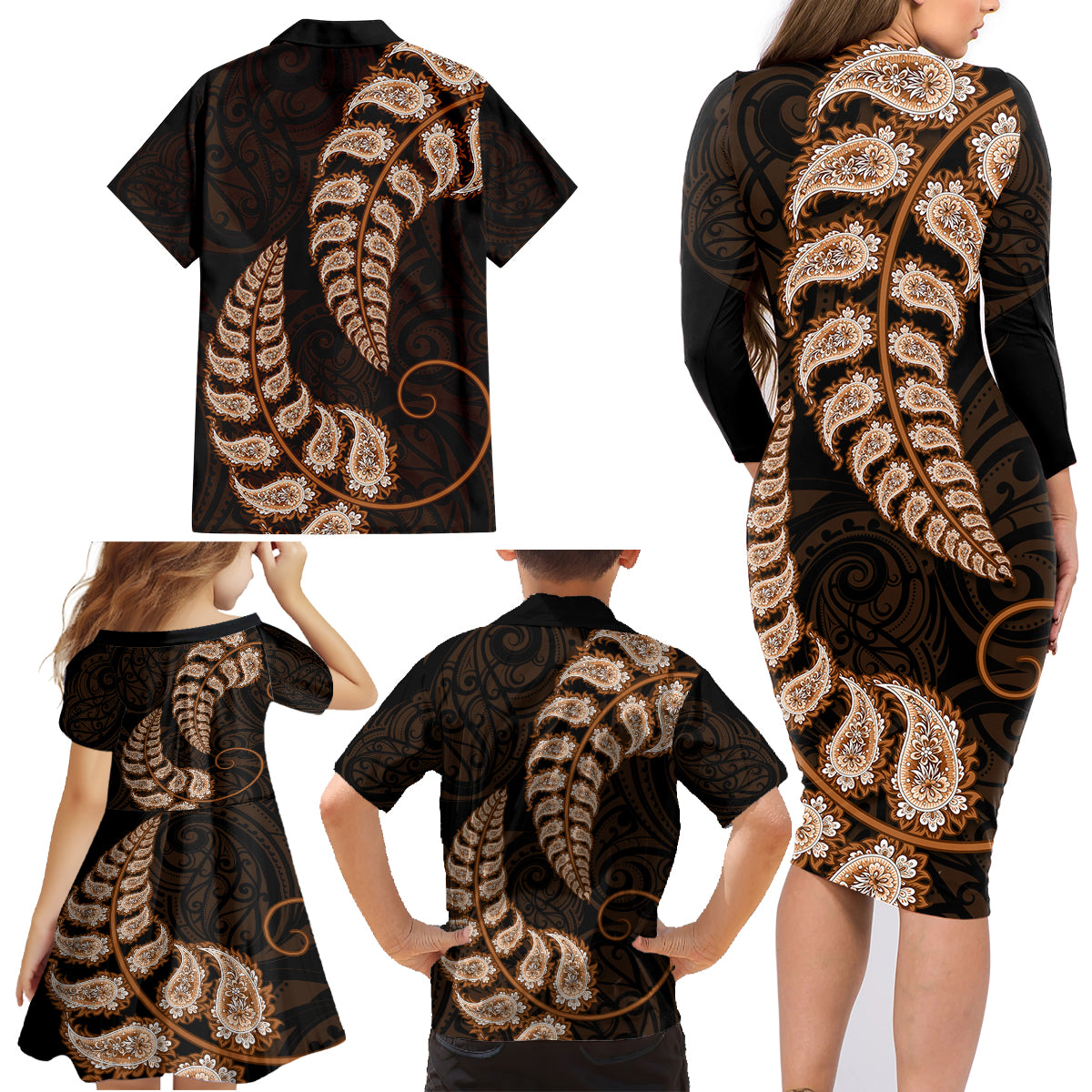 brown-new-zealand-paisley-silver-fern-family-matching-long-sleeve-bodycon-dress-and-hawaiian-shirt-aotearoa-maori