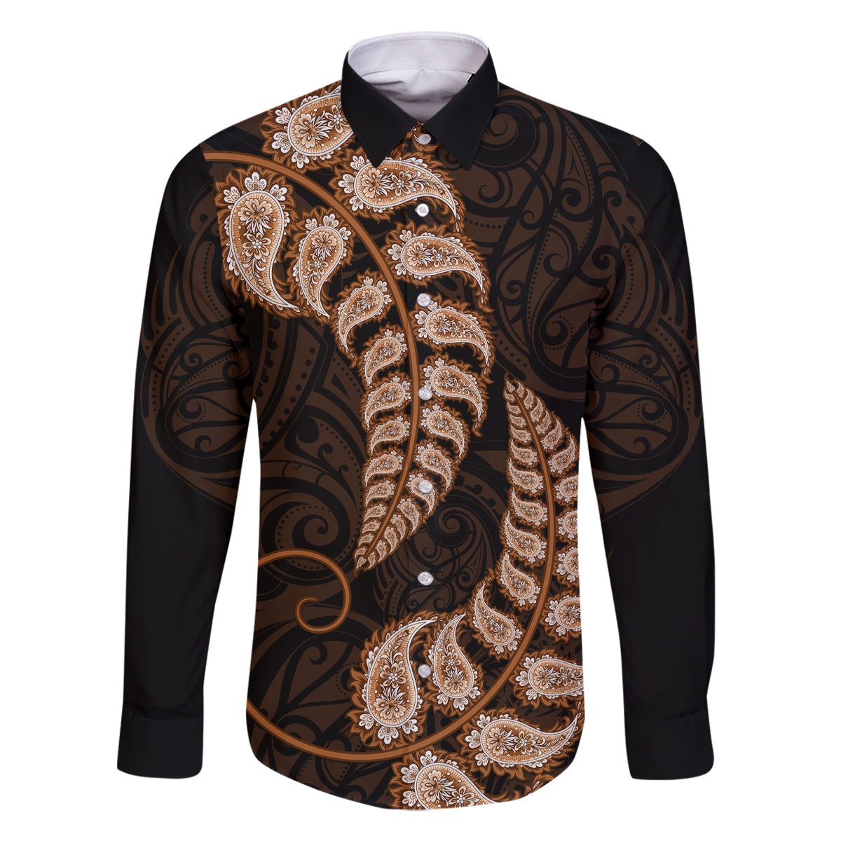 brown-new-zealand-paisley-silver-fern-family-matching-long-sleeve-bodycon-dress-and-hawaiian-shirt-aotearoa-maori