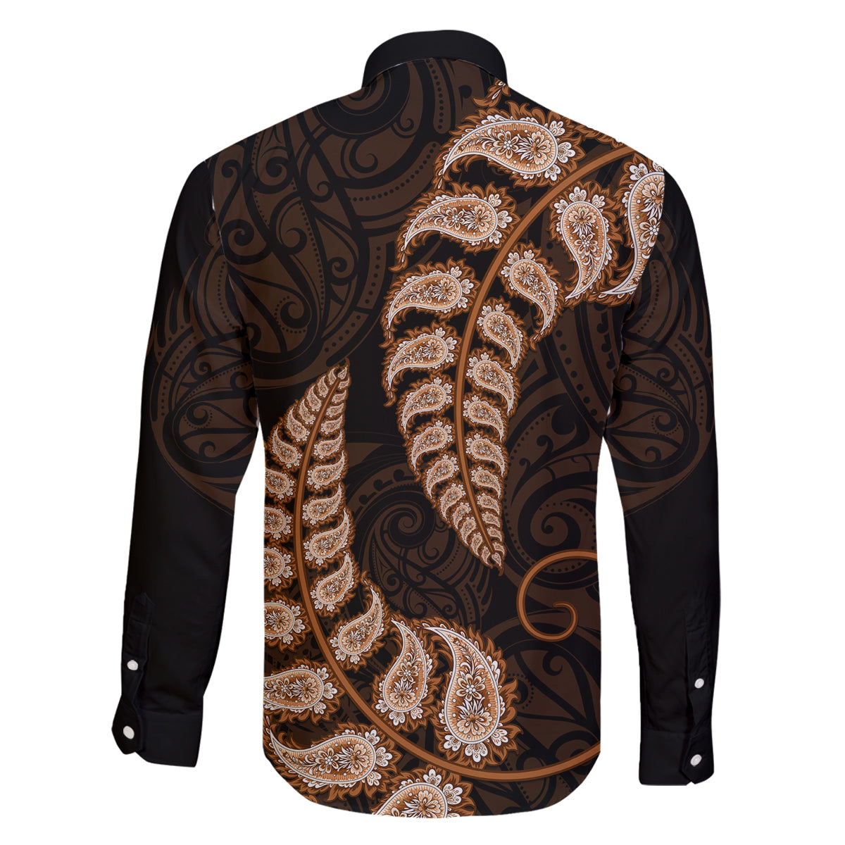 brown-new-zealand-paisley-silver-fern-family-matching-long-sleeve-bodycon-dress-and-hawaiian-shirt-aotearoa-maori