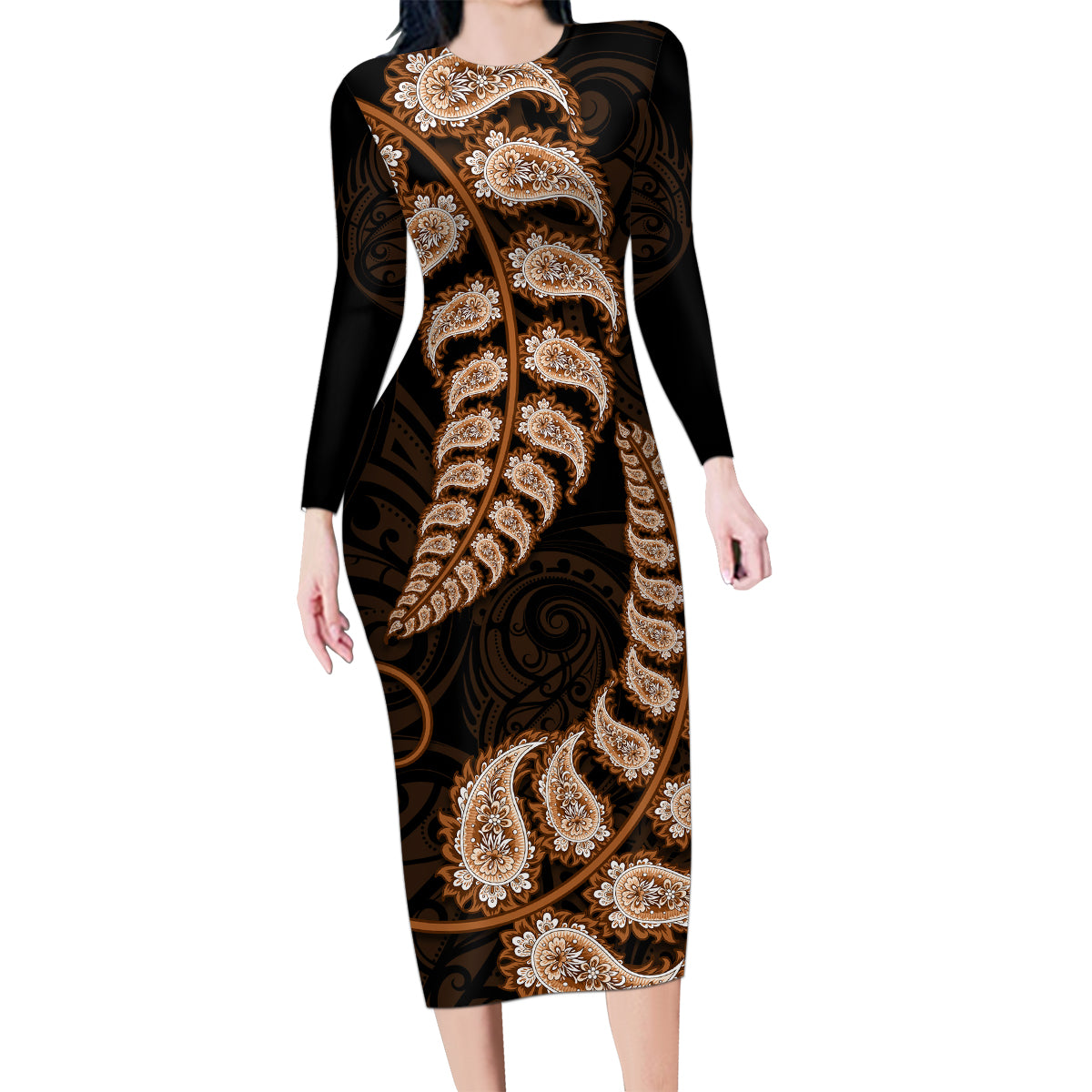 brown-new-zealand-paisley-silver-fern-family-matching-long-sleeve-bodycon-dress-and-hawaiian-shirt-aotearoa-maori