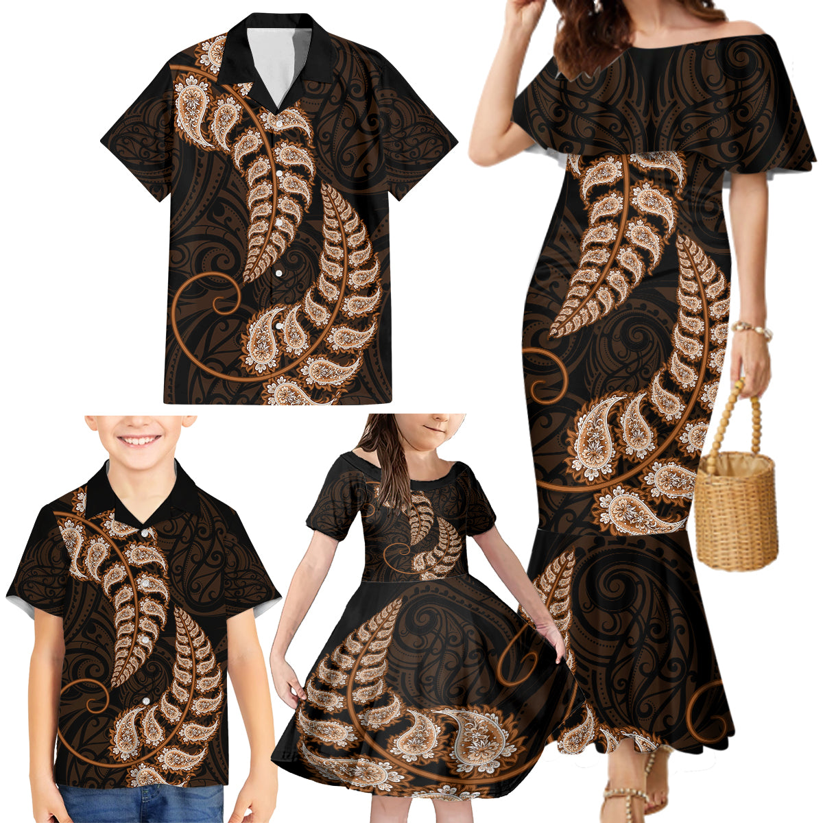 brown-new-zealand-paisley-silver-fern-family-matching-mermaid-dress-and-hawaiian-shirt-aotearoa-maori