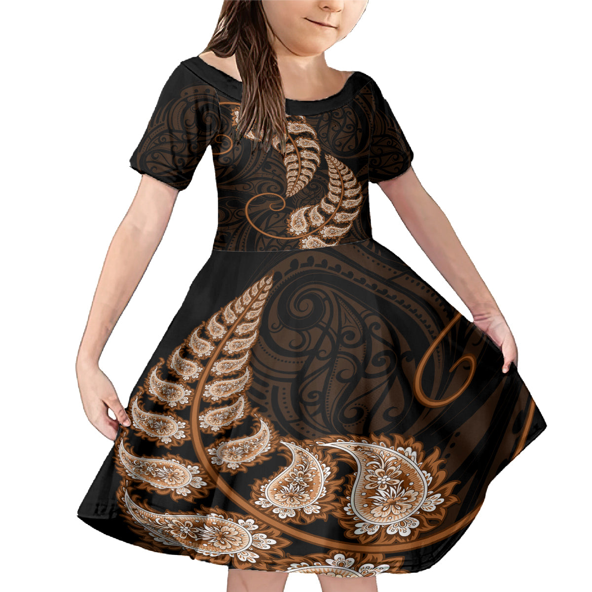 brown-new-zealand-paisley-silver-fern-family-matching-mermaid-dress-and-hawaiian-shirt-aotearoa-maori