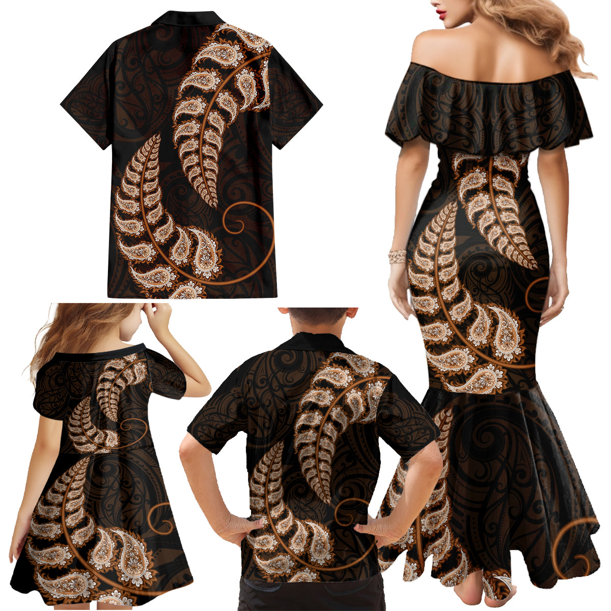 brown-new-zealand-paisley-silver-fern-family-matching-mermaid-dress-and-hawaiian-shirt-aotearoa-maori