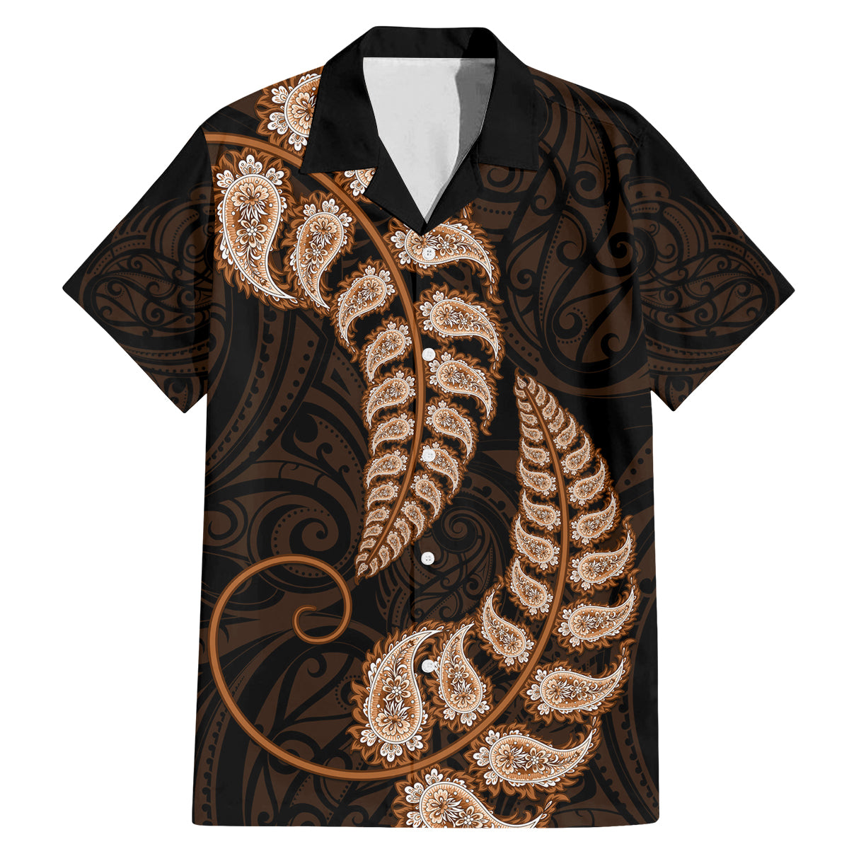 brown-new-zealand-paisley-silver-fern-family-matching-mermaid-dress-and-hawaiian-shirt-aotearoa-maori