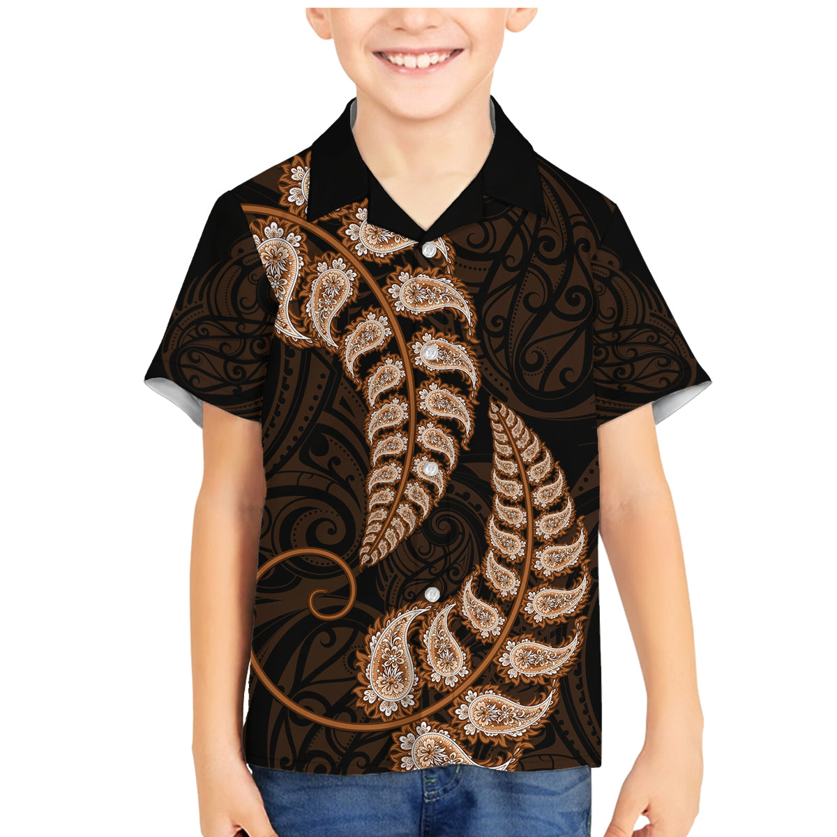 brown-new-zealand-paisley-silver-fern-family-matching-mermaid-dress-and-hawaiian-shirt-aotearoa-maori