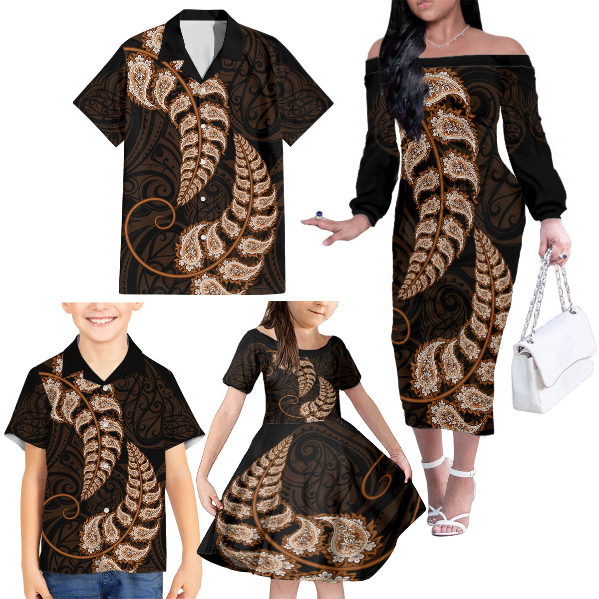 brown-new-zealand-paisley-silver-fern-family-matching-off-shoulder-long-sleeve-dress-and-hawaiian-shirt-aotearoa-maori