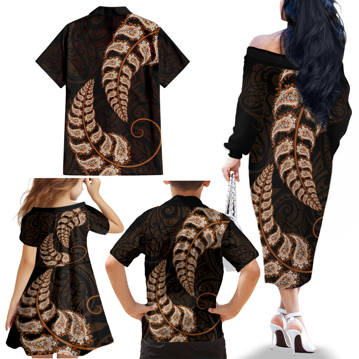 brown-new-zealand-paisley-silver-fern-family-matching-off-shoulder-long-sleeve-dress-and-hawaiian-shirt-aotearoa-maori