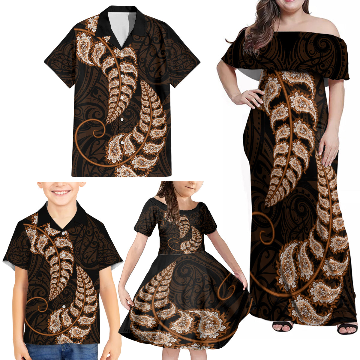 brown-new-zealand-paisley-silver-fern-family-matching-off-shoulder-maxi-dress-and-hawaiian-shirt-aotearoa-maori