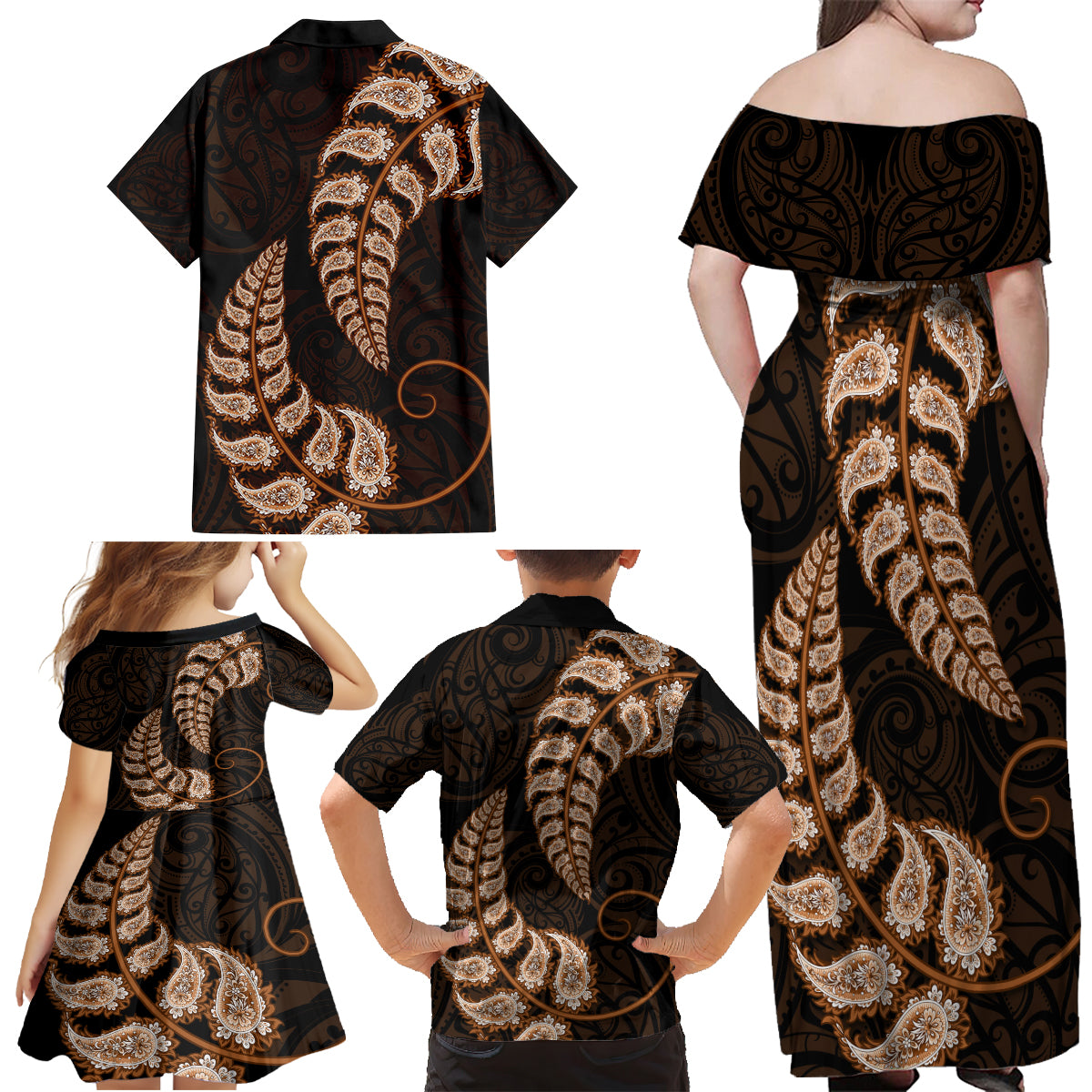 brown-new-zealand-paisley-silver-fern-family-matching-off-shoulder-maxi-dress-and-hawaiian-shirt-aotearoa-maori